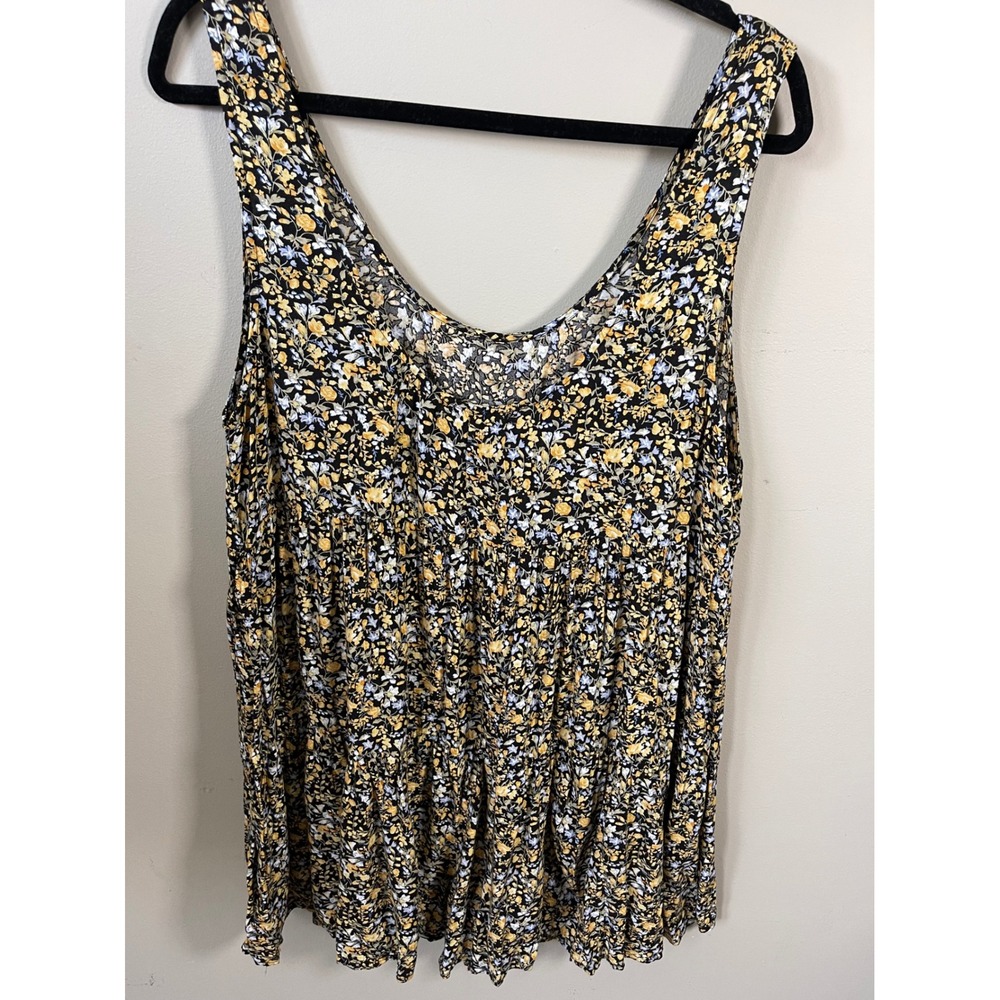 Natural Life Floral Tiered Tank-dress-shorts L/XL Black Yellow Scoop Neck chic